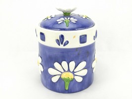 Vintage Porcelain Cookie Jar, Blue Barrel w/Colorful Bas Relief Daisies,... - $34.25