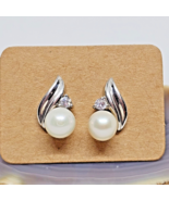 Signed 925 Sterling Silver Pearl &amp; CZ Pierced Earrings Studs Cubic Zirconia - £19.50 GBP