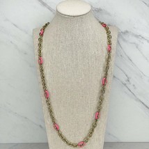 Gold Tone and Pink Long Chain Link Necklace - $6.92