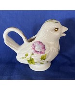 Small White Porcelain Bird Creamer w Floral Design Gold Eyes Graces Teaware - $9.89