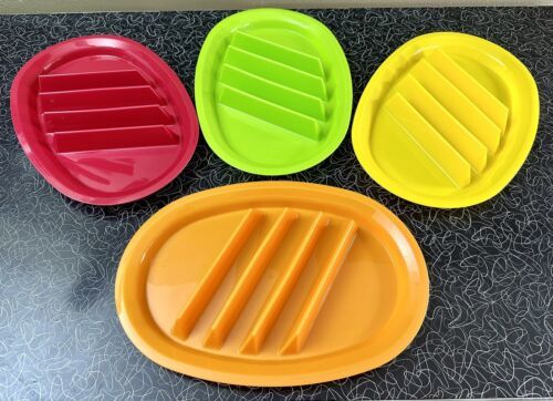 Taco Plates Set of 4 Fiesta Colors Red Orange Yellow Lime Green 3 Holder Slots - $11.88
