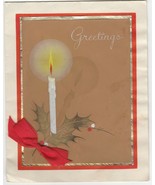Vintage Christmas Card Candle and Holly Painted Gold Trim Red Ribbon - £5.41 GBP