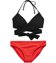 American Eagle Aerie Black And Red Wrap Tie Bikini Swimsuit Size L - £23.58 GBP