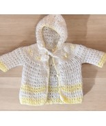 VINTAGE Knit Crochet Yellow White Infant Sweater Hood Newborn Doll Acrylic - $13.00 CAD