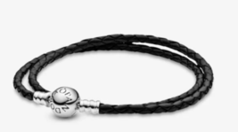 Pandora Moments Double Black Leather Bracelet 590745CBK-D1 Size 13.8 - £40.14 GBP