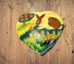 Folk Art Easter Hand-painted Bunny Rabbit Tree Ceramic Heart Shaped Box ... - $9.89