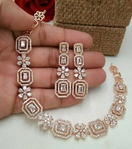 Indian Bollywood Style Rose Gold Plated Choker Necklace CZ Delicate Jewelry Set - £53.14 GBP