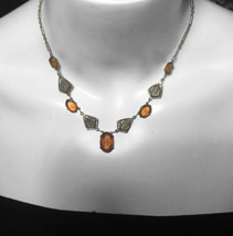 Art Deco Papper Clips Links Pronged Glass Amber Antique Gold Tone  Necklace 16” - £92.49 GBP