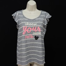 Justice Girl&#39;s &quot;Choose Your Own Path&quot; Striped Shirt 18 Gray White Ruffle Sleeve - £11.67 GBP