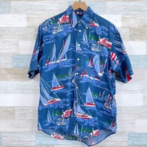 Nautica Vintage 90s Sailing Graphic Button Down Shirt Blue Short Sleeve Medium - £35.19 GBP