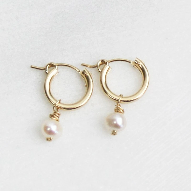 Gold Filled Natural Pearls Earrings 15Gold Hoop Earrings Handmade Jewelry Brinco - £44.08 GBP