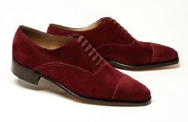 NEW Handmade Men&#39;s New Maroon Color Shoes, Men&#39;s Cap Toe Lace Up Suede Fashion S - £115.80 GBP