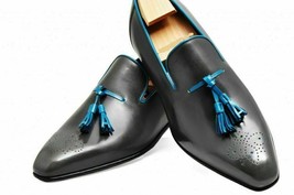 Men&#39;s Handmade Formal Loafer Shoes Black Leather Tassels Slip On Dress Boots - £102.86 GBP+