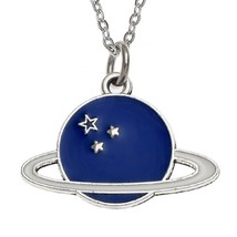 Planet Stars Necklace Pendant Blue Enamelled Saturn Planet Boho Jewellery - $8.84