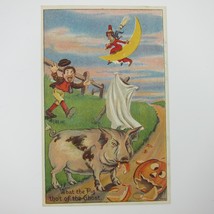 Vintage Halloween Postcard Witch Moon Pig Eats Jack-O-Lantern Pumpkin Scarecrow - £32.06 GBP