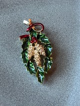 Vintage Gerry’s Signed Green Enamel Holly Leaf &amp; Berries &amp; Pinecones Christmas  - £10.26 GBP