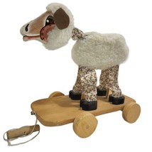 Vintage Wooden Painted Lamb Sheep Pull Toy Wheels Handmade Folk Art 1981 12&quot; - £20.65 GBP