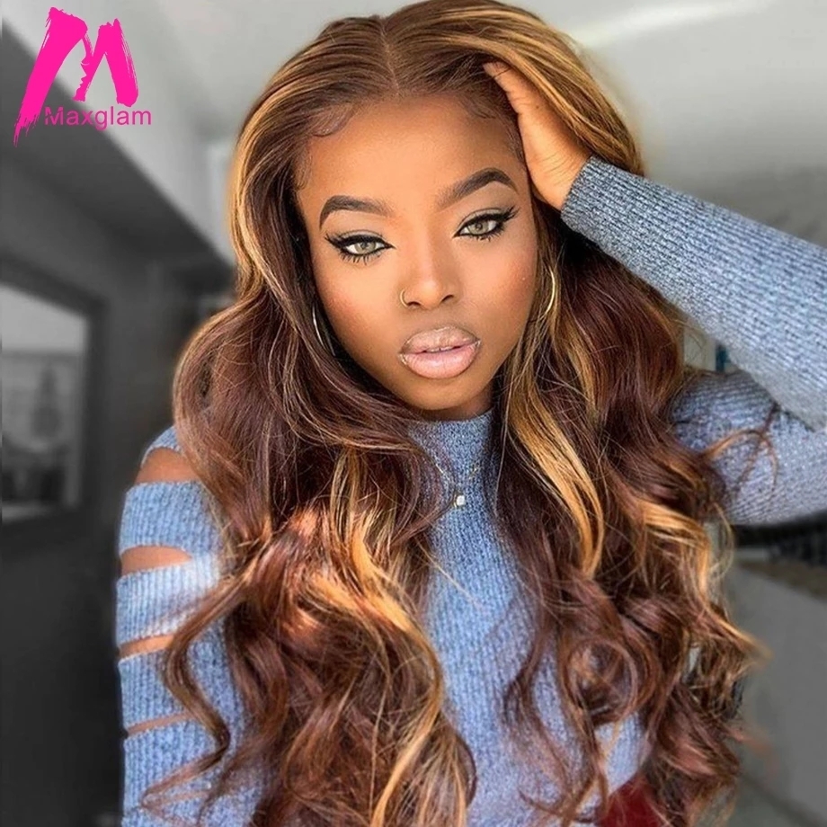 Highlight Wig Human Hair Honey Blonde Body Wave Wigs, Brazilian Ombre Brown 4/27