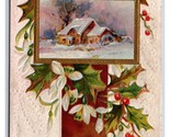 Christmas Greetings Cabin Scene Holly Embossed UNP Unused DB Postcard S6 - $4.90