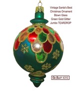 Santa&#39;s Best Chrismas Vintage Blown Glass Green &amp; Gold Teardrop Ornament - £26.12 GBP