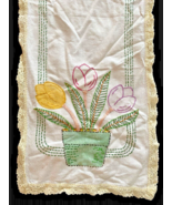 Tulip Embroidered Table Runner Bureau Scarf Vanity Embroidered Lace Vintage - £26.55 GBP