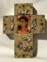 Wood Wall Cross Frida Kahlo Handmade Folk Art Dog Ear PIg - £23.39 GBP