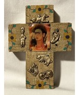 Wood Wall Cross Frida Kahlo Handmade Folk Art Dog Ear PIg - £23.73 GBP