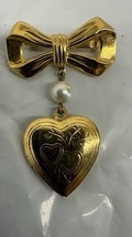 VintageHeart Locket Pin Brooch Bow 2” Gold Tone Faux Pearl Dangling Charm - $11.83