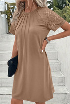 Light French Beige Contrast Lace Raglan Sleeve Pleated Detail Shift Dress - $225.52 MXN