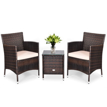 Outdoor 3 Pcs Rattan Wicker Furniture Set W/2 Chairs Coffee Table Beige - £190.45 GBP