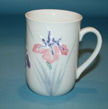 Pier 1 Coffee Mug Flower Iris Floral Tea Cup Pink Purple Hand Painted Ja... - $5.65