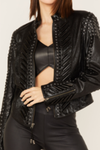 Women&#39;s Solstice Ceremony Leather Jacket with Studded, Hair Pipe Embell... - £86.54 GBP+