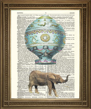 Elephant Dictionary Art Print Flying In Montgolfier Hot Air Balloon - £9.19 GBP