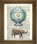 ELEPHANT DICTIONARY ART PRINT Flying in Montgolfier Hot Air Balloon - £9.00 GBP