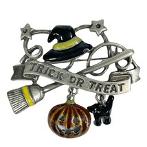 TRICK OR TREAT Pewter Pin Brooch Witch Hat Broom with Pumpkin Cat Dangle Charms - £7.82 GBP