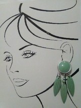 Vintage Clip Dangle Earrings Carved Green Leaves Silvertone Green Button - $16.00