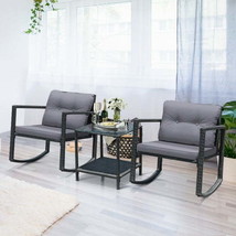 3 Pcs Cushioned Patio Rattan Set with Rocking Chair and Table-Gray - £198.67 GBP