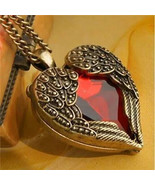 Red Crystal Heart Angel Wings Necklace, Angel Wings Pendant Retro Bronze... - $12.16