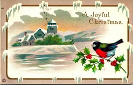 Joyful Christmas Icicle Border Sparrow Cabin Scene Embossed 1916 DB  Postcard C6 - £4.66 GBP
