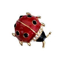 Ladybug Fashion Brooch Gold Tone Painted Red &amp; Black Enamel &amp; Rhinestones - £7.88 GBP