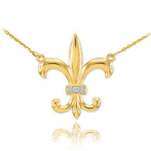 14k Solid Gold Diamond French Fleur de Lis Stylized lily Flower Necklace - £220.48 GBP+