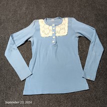 Vintage Womans Top Blue Small Cottage Core Doiley Long Sleeve - $10.19
