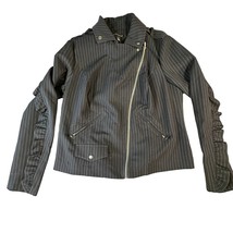 Lane Bryant Jacket Womens 14 Navy Blue Striped Moto Zip Up Ruffled Peplu... - $39.99