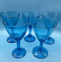 Beautiful Blue Hand Blown Glass Vtg Martini Desert Wine Glasses Set of 5 - £41.55 GBP