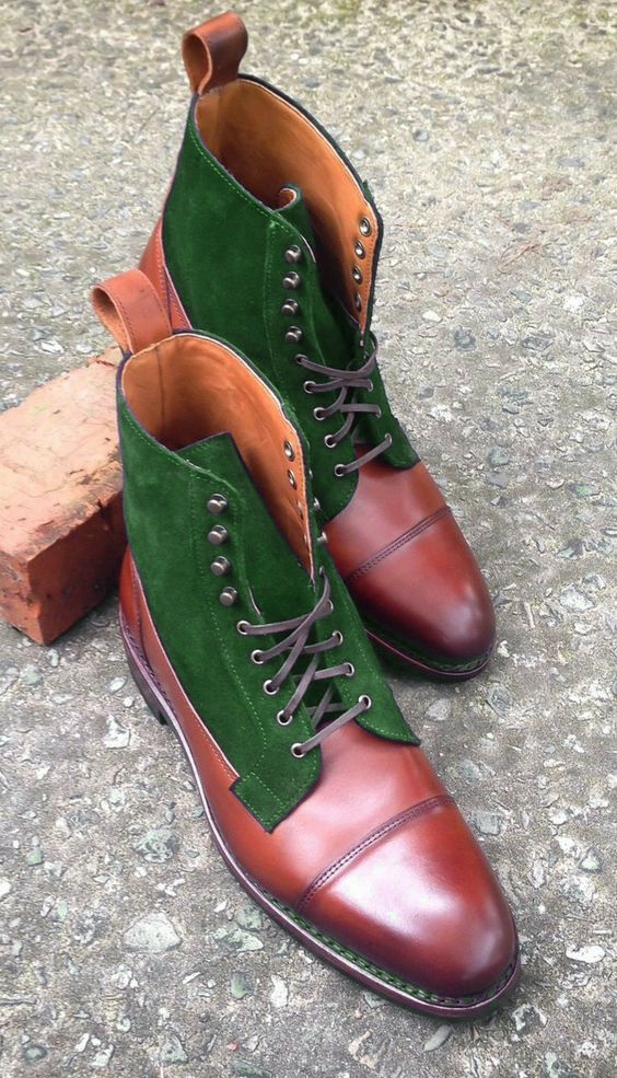 High Ankle Men Two Tone Brown Green Cape Toe Suede Leather Lace Up Boots US 7-16
