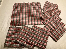 Set Of 9 Vintage Christmas Plaid Cloth Napkins Trimmed In Jingle Bells 19&quot; x 19&quot; - £34.93 GBP