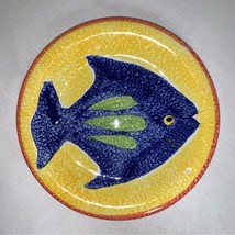 Hand Painted Fish Plate Home Decor Blue Yellow Ceramic 8&quot; Crafted in Thailand - £25.40 GBP