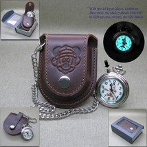 Vintage Mickey Mouse Animal Kingdom Pocket Watch Gift Set Leather Pouch + Chain - £55.94 GBP