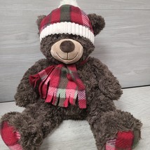 Gentle Treasures Brown Teddy Bear Plush Plaid Scarf Hat 16&quot; Soft Cuddly - £5.50 GBP