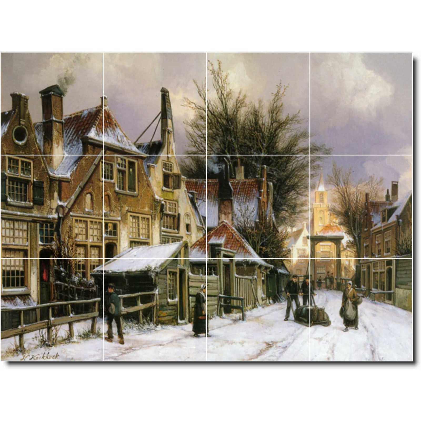 Koekkoek willem a townview with figures on a snow covered street